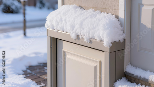 Heavy snow layer covering entrance ledge and porch after winter blizzard, illustrating snow removal needs, severe weather aftermath, and residential property winter maintenance