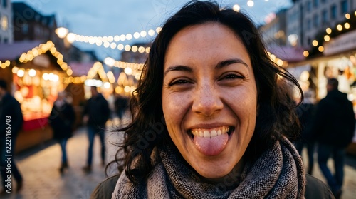 Playful young Hispanic woman sticking her tongue out in cheeky extra close-up portrait at bustling outdoor night market