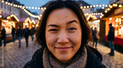 Playful young East Asian woman raising her eyebrows with a cheeky smile at a night market