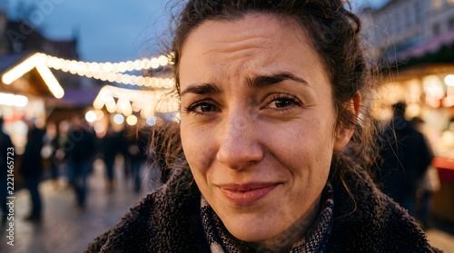 Playful young woman raising her eyebrows with a cheeky expression at outdoor night market