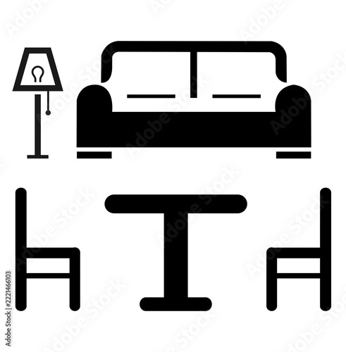 Furniture icons set with sofa, table, chairs and floor lamp vector icon isolated on white background. Home interior furniture silhouette icon set with couch, lamp, table and chairs 