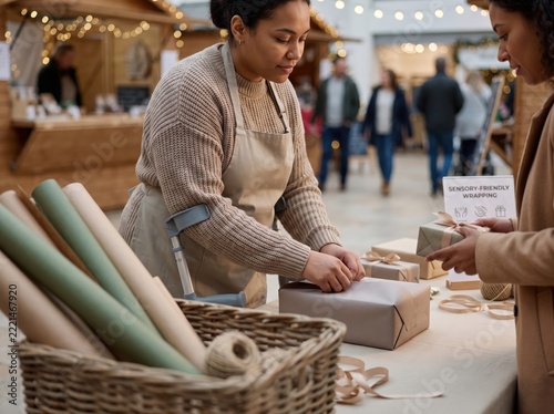 Woman helps with sensory friendly accessible holiday shopping gifts