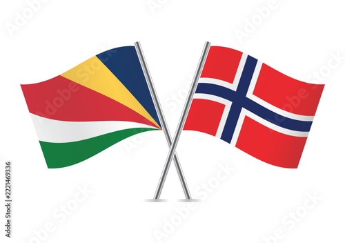 Seychelles and Norway crossed flags on a white background. Vector illustration.