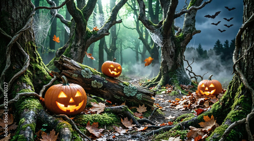 Glowing jack-o-lanterns in spooky mossy forest with bats and webs