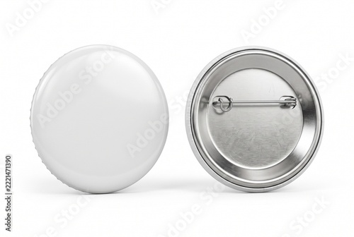 Mock up de bottons redondos brancos: vista frontal com superfície brilhante e verso com fecho de alfinete metálico, isolado em fundo branco .