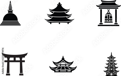 Set of Traditional Japanese Cultural Architecture and Religious Symbols Icons