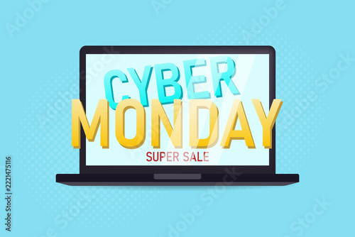 Cyber Monday sale banner with a laptop. Super sale.