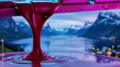 Molten red liquid dripping over snowy mountain landscape and lake.