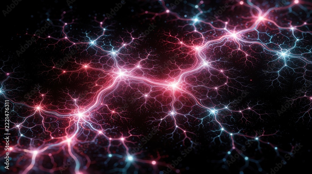 Fototapeta premium Abstract neural network background with glowing particles, lines. Bright pink, blue light connections form complex digital web. Concept of artificial intelligence, big data, machine learning, cosmic