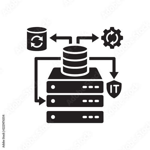 Data migration and database backup vector icon showing server storage and process flow