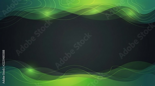 Glowing Green Line Art Wave Frame Background with Dark Center Space.