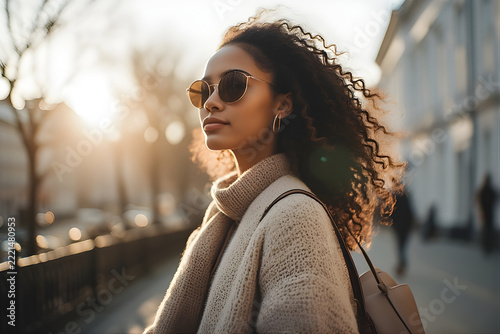 Stylish young woman with curly hair wearing sunglasses and sweater walking on city street at sunset.