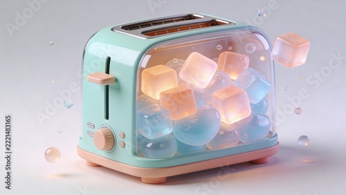 Toaster with ice cubes and bubbles creating a unique scene on a clean surface