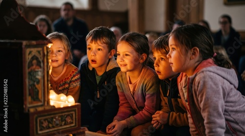 Festive Christmas holiday celebration scene. Children watch a traditional Batleika puppet theater performance with interest.