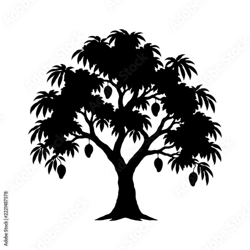 Mature Mango Fruit Tree (Mangifera indica) Black Silhouette Vector Illustration