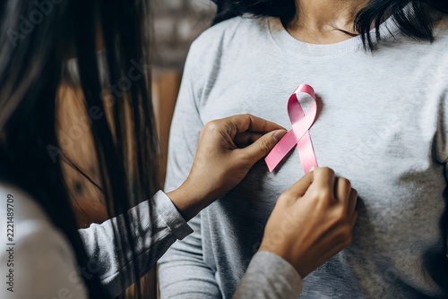 Woman attaching pink ribbon badge on friend chest for breast cancer awareness month concept