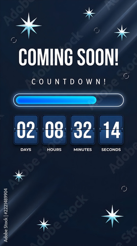 Digital coming soon announcement screen featuring a flip clock countdown timer and loading progress bar on a dark starry background