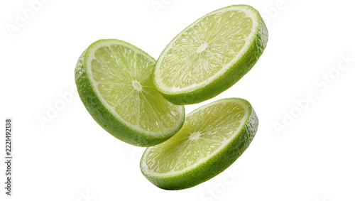Three fresh green lime slices suspended in air, isolated on transparent background