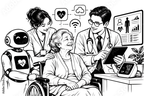  A heartwarming illustration depicts a senior patient in a wheelchair, receiving care from a doctor, nurse, and a friendly robot, surrounded by futuristic medical technology.