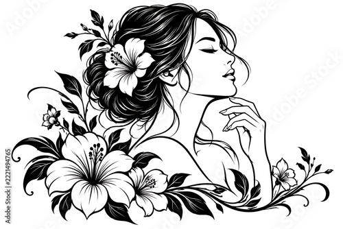  An artistic illustration of a woman adorned with delicate flowers, her eyes closed in peaceful contemplation, embodies grace and natural elegance.