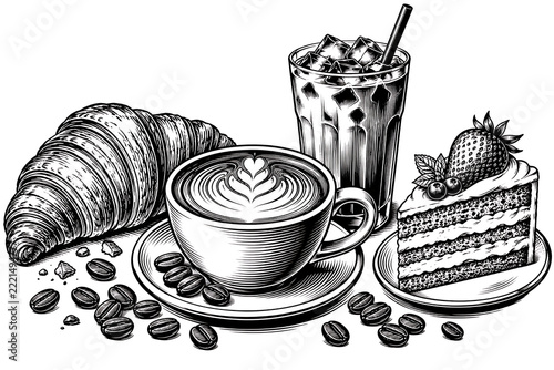 A delectable assortment of a flaky croissant, rich latte art coffee, iced coffee drink, and a slice of strawberry cake, accompanied by roasted coffee beans.