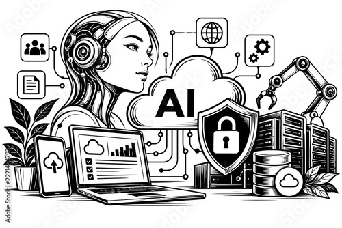 Artificial Intelligence and Technology: An illustration showcasing the power of artificial intelligence and modern technology, featuring a robotic head, cloud computing, data servers.