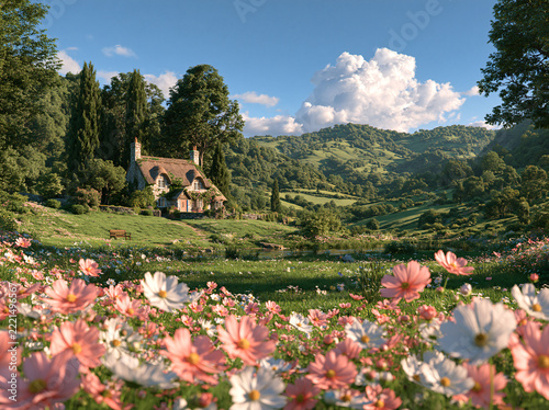 Idyllic countryside landscape displays stone cottage, vibrant wildflower meadow, rolling green hills, stream under bright fluffy cloud‑filled blue sky.