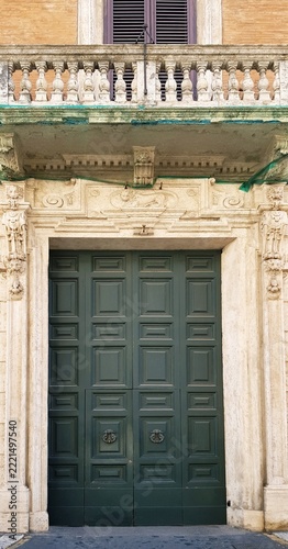 Ornate Green Wooden Door Historic Building Facade