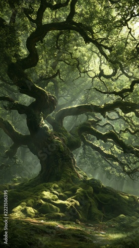 Ancient gnarled tree with twisting branches and moss covered roots in soft sunlight within a lush temperate woodland forest landscape