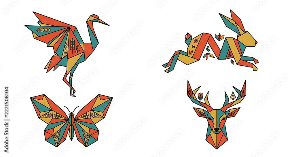 Fototapeta premium Geometric animal set with crane rabbit butterfly and deer for