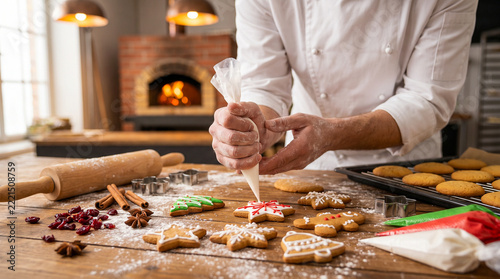 Repostería navideña artesanal con galletas decoradas, ingredientes naturales y luz cálida, perfecta para publicidad gastronómica y recetas festivas.