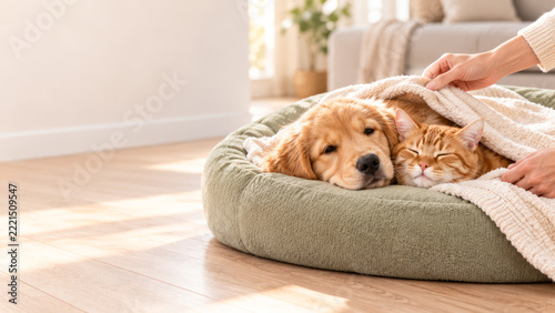 Golden retriever puppy and ginger cat tucked under a blanket