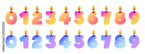 Vector kids birthday candle set with number flame, happy child party celebration. Birthday baby collection with colorful gradient candle, gradient anniversary design.