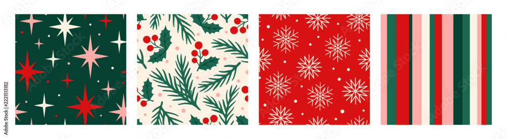 Fototapeta premium Set of seamless Christmas patterns featuring festive stars, snowflakes, holly berries, evergreen branches and colorful stripes. Flat vector designs in traditional red, green, cream and pink colors for