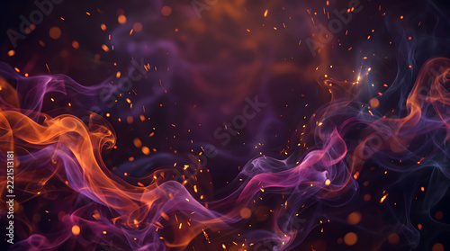 dynamic swirling fire flames and purple smoke ribbons with burning golden sparks floating in dark atmospheric space creating a dramatic fantasy magical energy backdrop for cinema poster