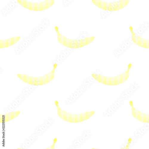 Seamless pattern with yellow banana silhouettes in halftone dot style on white background