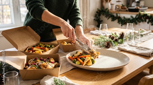 Hands using tongs to serve roasted vegetables and chicken from sustainable paper boxes onto a plate at a decorated Christmas dining table, depicting holiday takeaway meal prep.