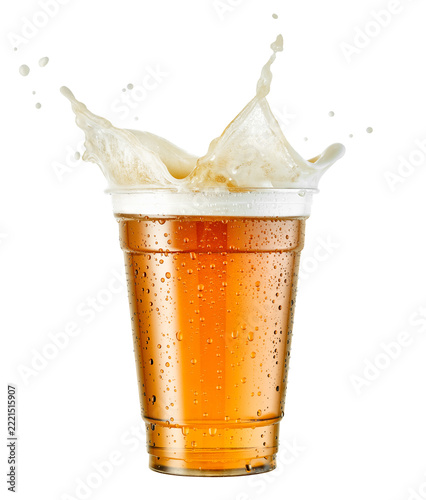 Splash of beer or ale in disposable plastic cup isolated PNG on transparent background