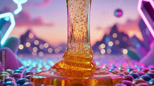 Thick golden honey dripping onto vibrant multicolored crystal beads.