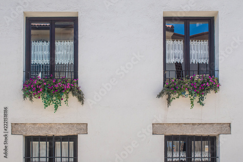 two identical windows with sheer curtains and window boxes with fuchsia flowers