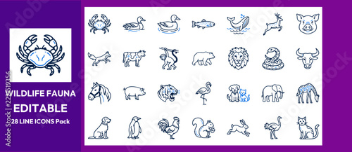  Wild animals and nature fauna outline set.