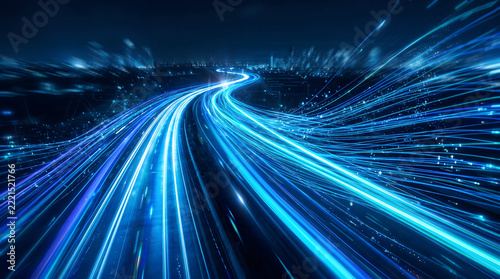 Dynamic night highway curve with radiant blue neon light streaks and glowing fiber optic strands racing into distance suitable for high speed internet cloud computing and big data banner