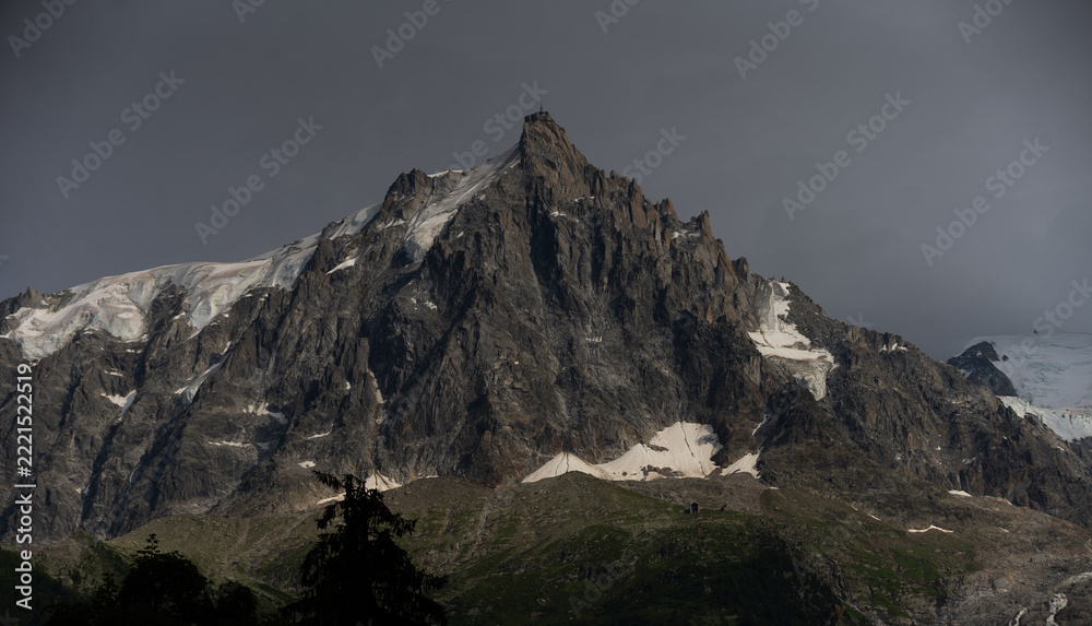 Fototapeta premium Summer view of the Mont Blanc massif above forested slopes 