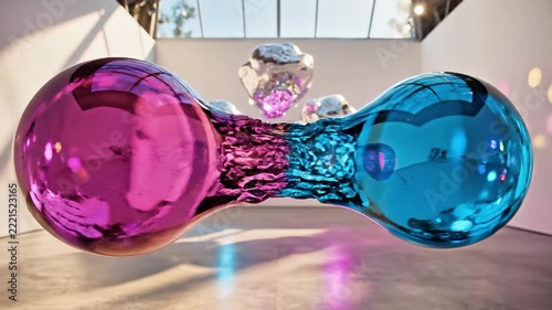 Vibrant floating glass spheres in modern white gallery space.
