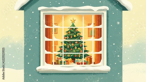 A cozy winter scene with a christmas tree viewed through a
