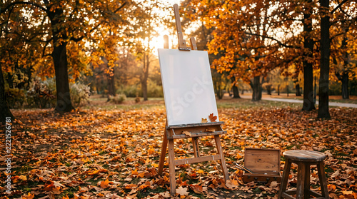 Blank white artist canvas on wooden easel standing in autumn park with golden leaves carpet stool and painter tool box in warm afternoon sunlight for creative art exhibition mockup poster