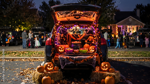 Exciting trunk or treat community Halloween event with car decorated in glowing orange fairy lights cobwebs candy bowls and carved pumpkins on hay bales for family autumn celebration banner