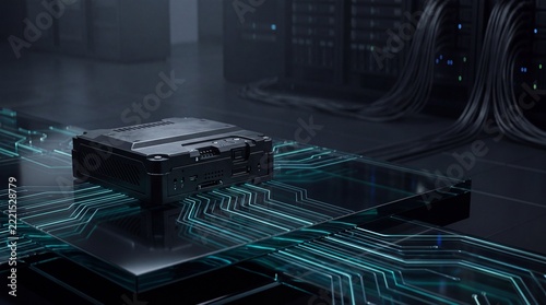 Compact edge computing device resting on a glowing circuit board floor