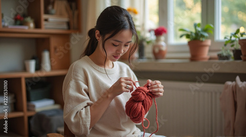 Young woman knitting with orange yarn sitting in a cozy home interior during the afternoon hours