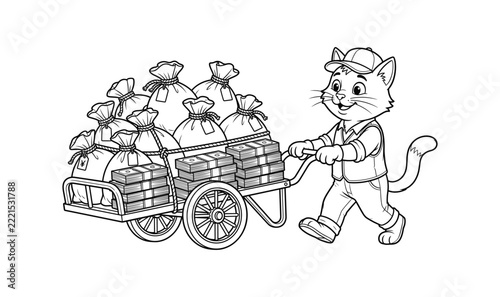 Cartoon cat pulling a heavy wooden cart filled with money bags and cash stacks, black and white line art illustration